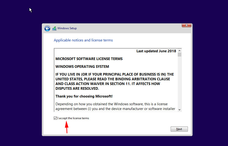 accept the license terms in windows 10