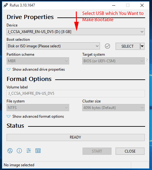 select pendrive in Rufus