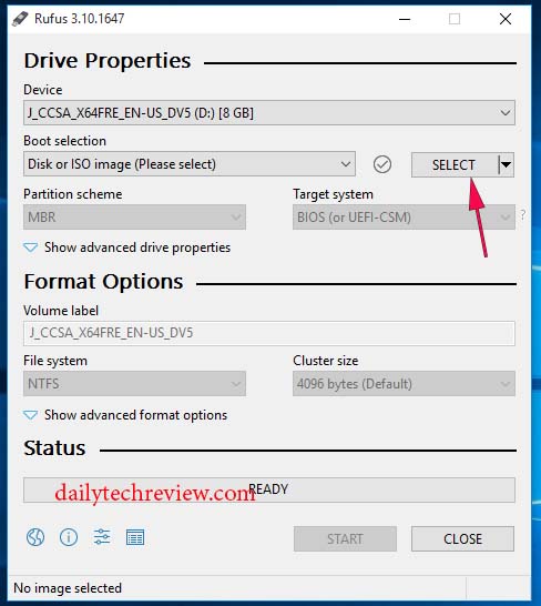 click on select in Rufus