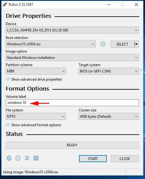 set volume label in rufus