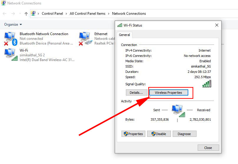 विंडोज १० में वायरलेस प्रॉपर्टीज को देखे 