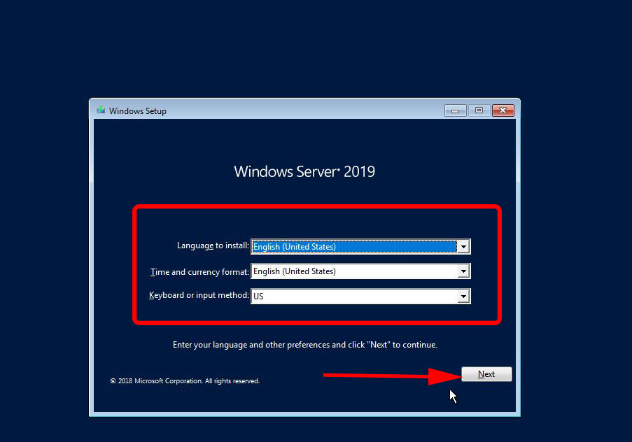 select Language to install in windows server 2019