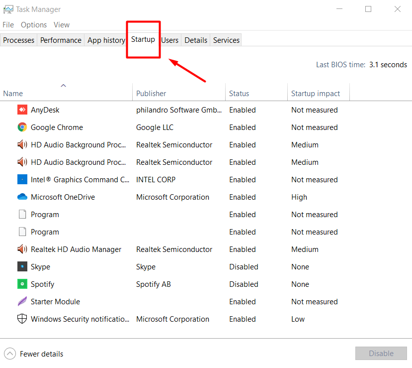 check system startup program in windows 10