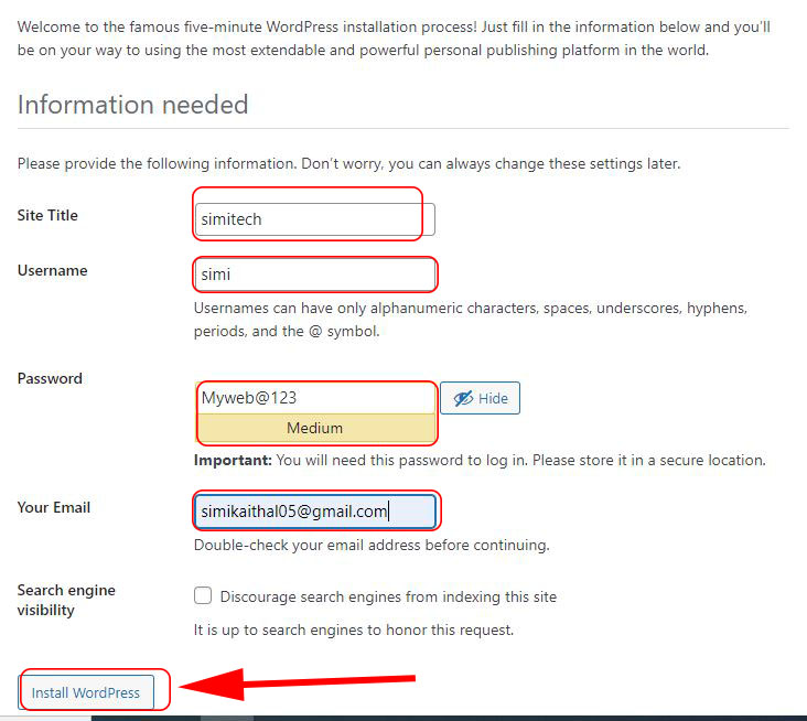 Set title username ,password email id during WordPress installation