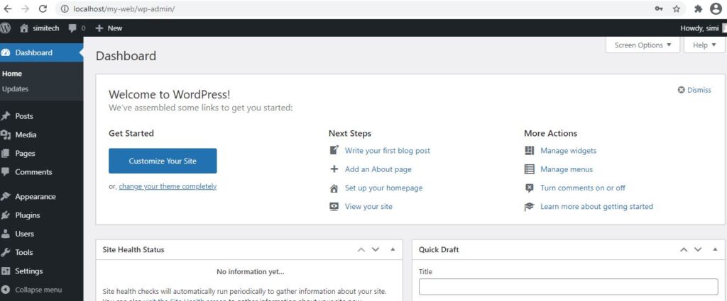 WordPress dashboard