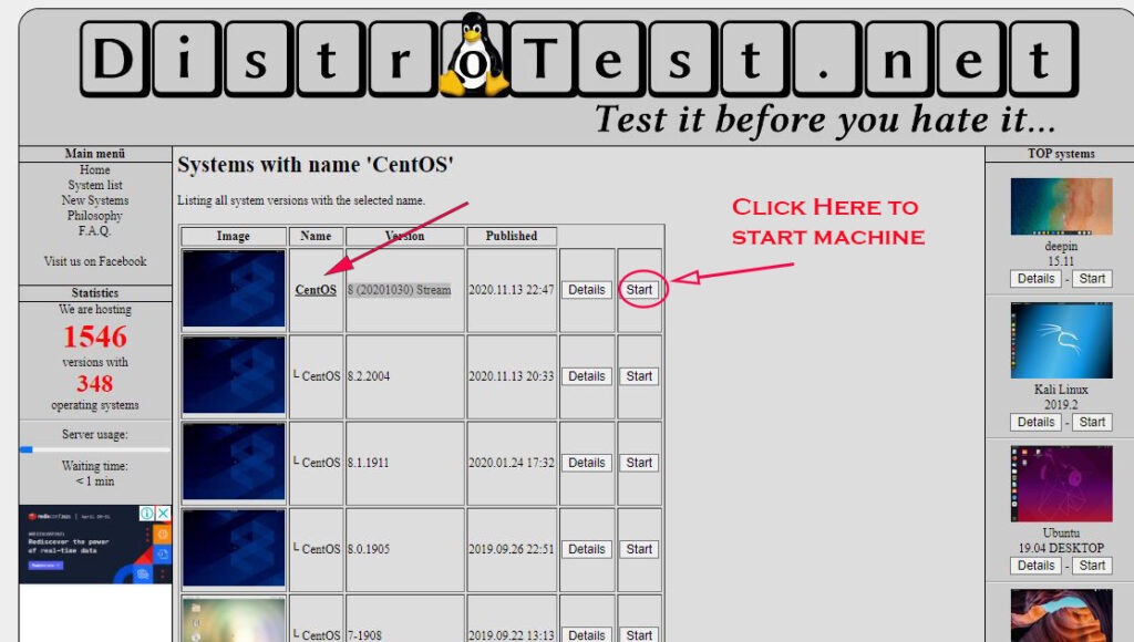 select OS and version  for Linux online test