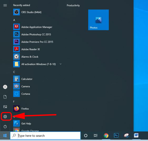 open setting in windows 10