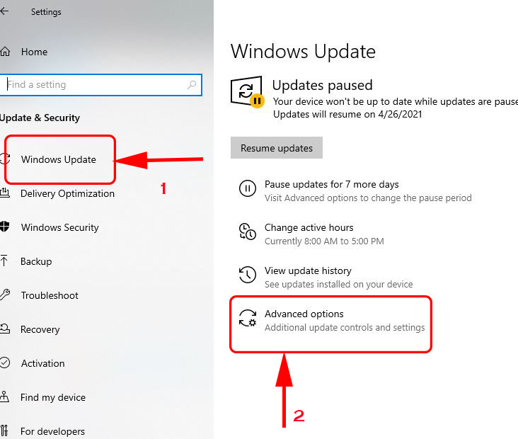 open windows update in windows 10