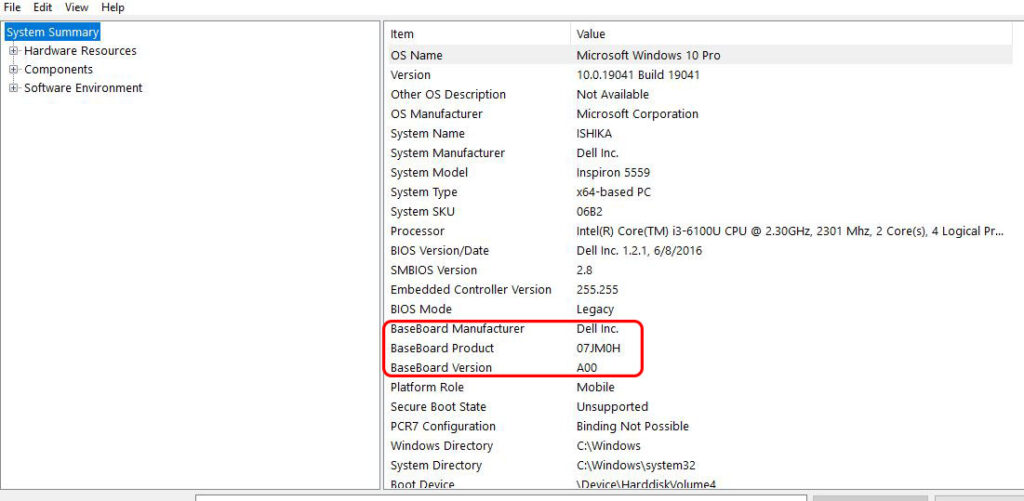 msinfo32 output result in windows 10