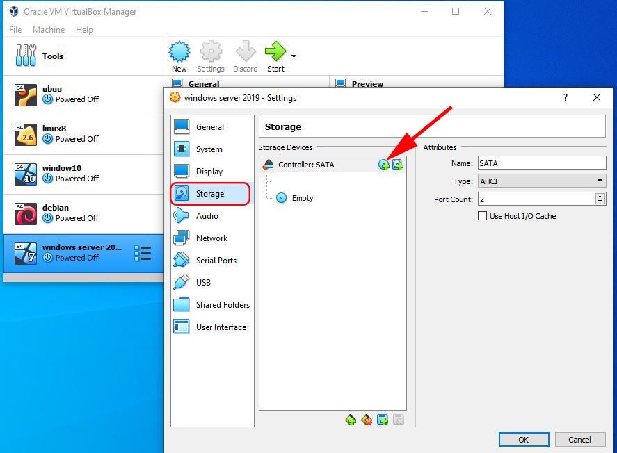 click on storage and + sign to browse ISO File