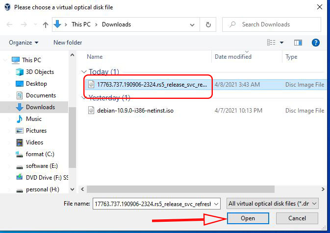 Browse windows server 2019 ISO file from the system 