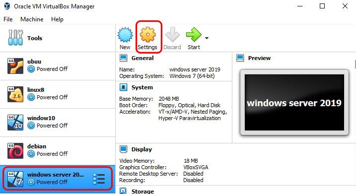 click on setting in created virtual machine 
