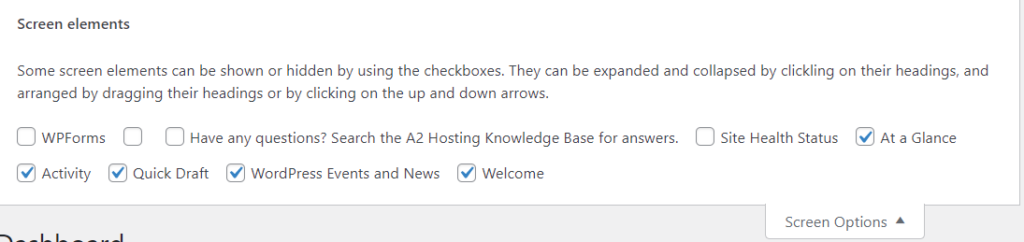 wordpress dashboard Screen Options 