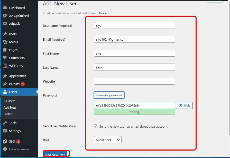 add new user in wordpress website