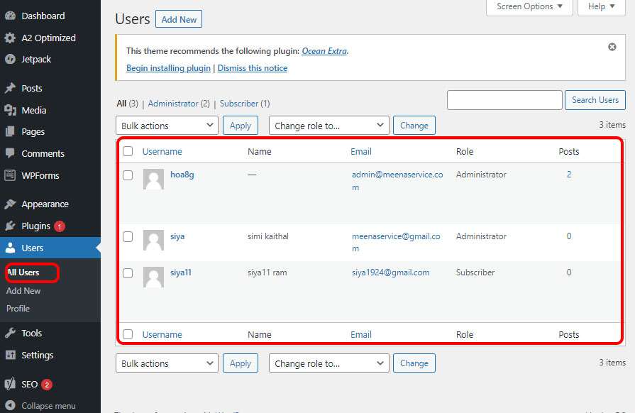 list of all user in wordpress 