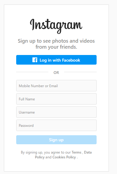 Account Creation form in Instagram 