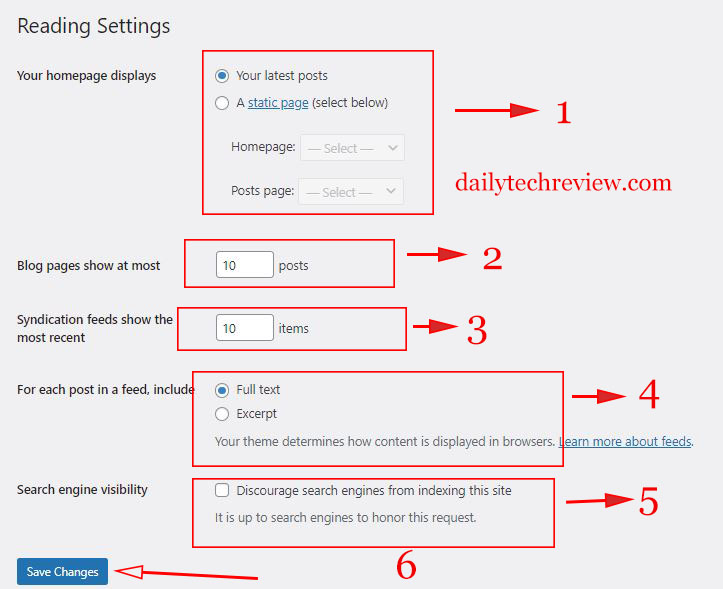 WordPress Reading Settings 
