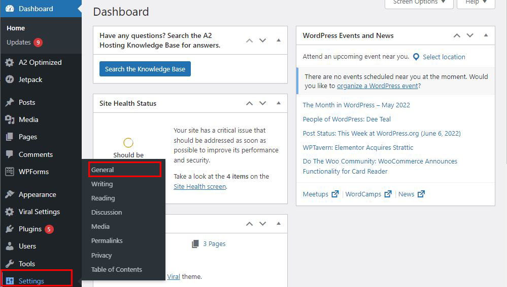 WordPress general settings
