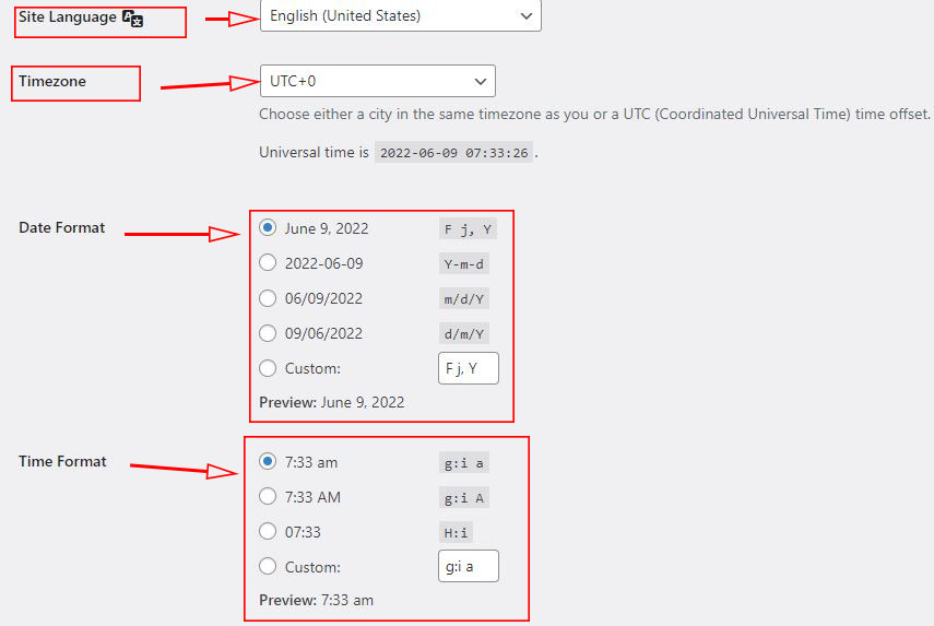 set time zone , date and time format in WordPress  General settings