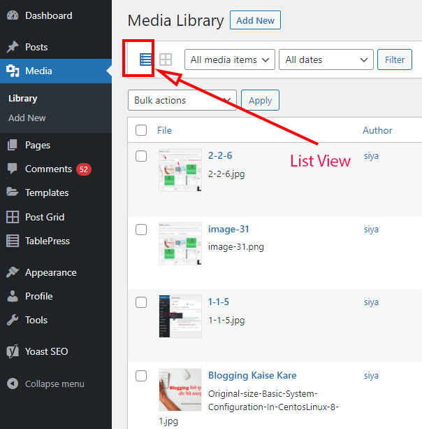 list the WordPress media