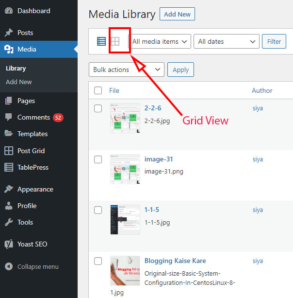 list the WordPress media