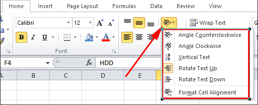MS excel Orientation option 