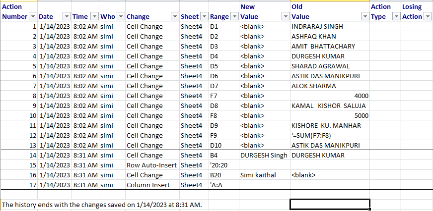 excel Tracked Changes history 