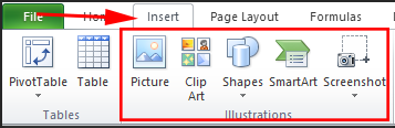 ms excel insert tab