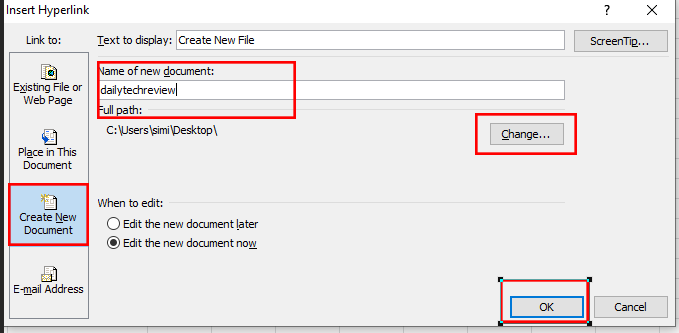 नई फ़ाइल बनाने के लिए हाइपर लिंक का इस्तेमाल