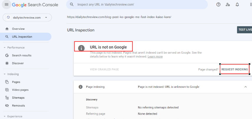 request to index url in google search console 