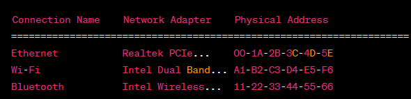 windows Getmac command  