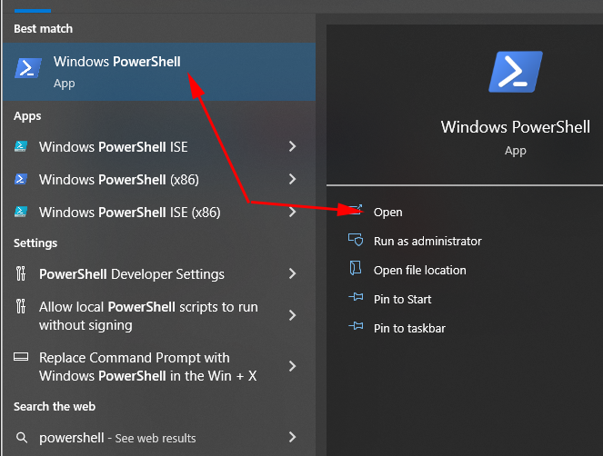 Open Powershell in windwos 10