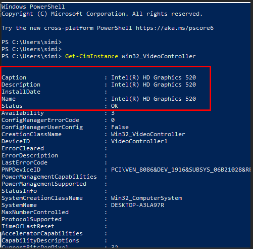 Get graphic card details from powershell