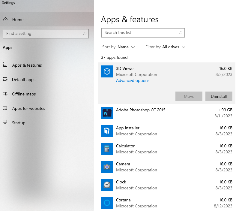 windows 10 apps & features