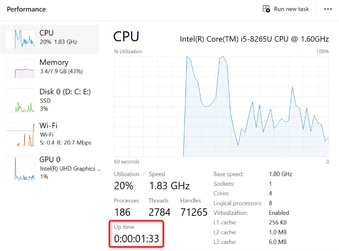 windows sysetm uptime 