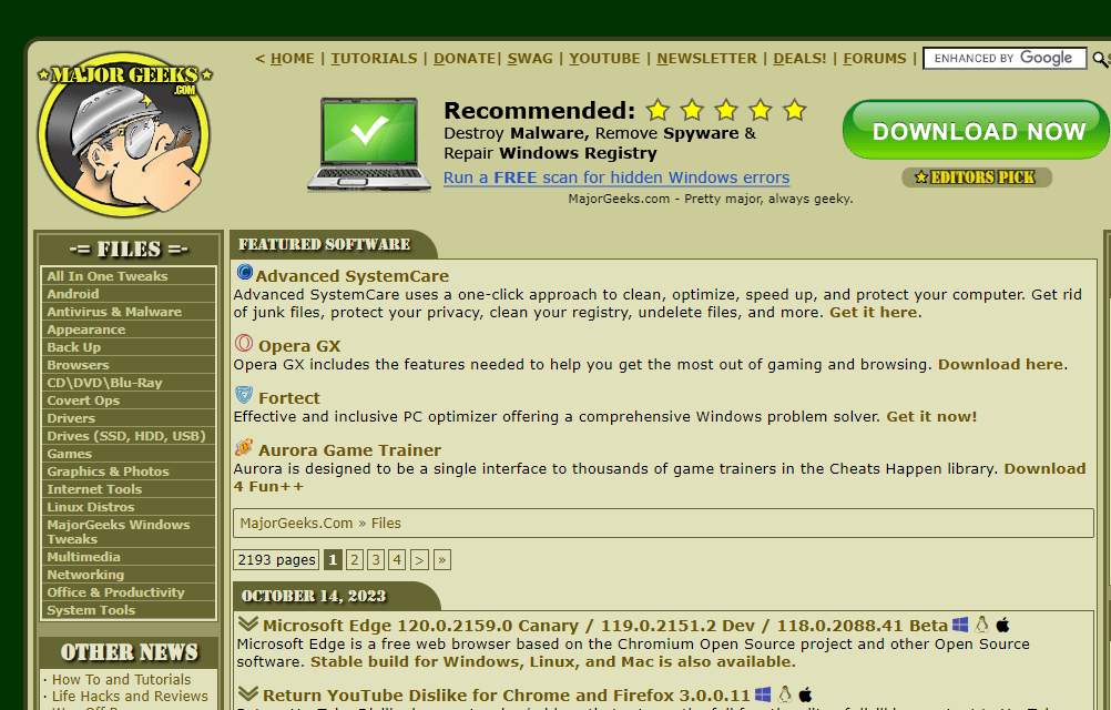 MajorGeeks computer software sites