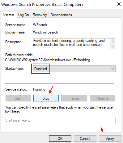 Disbale windows 10 Search Index 