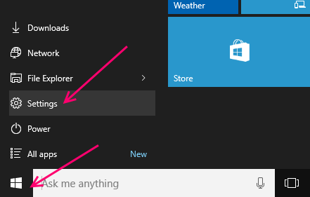 Open Setting in windows 10
