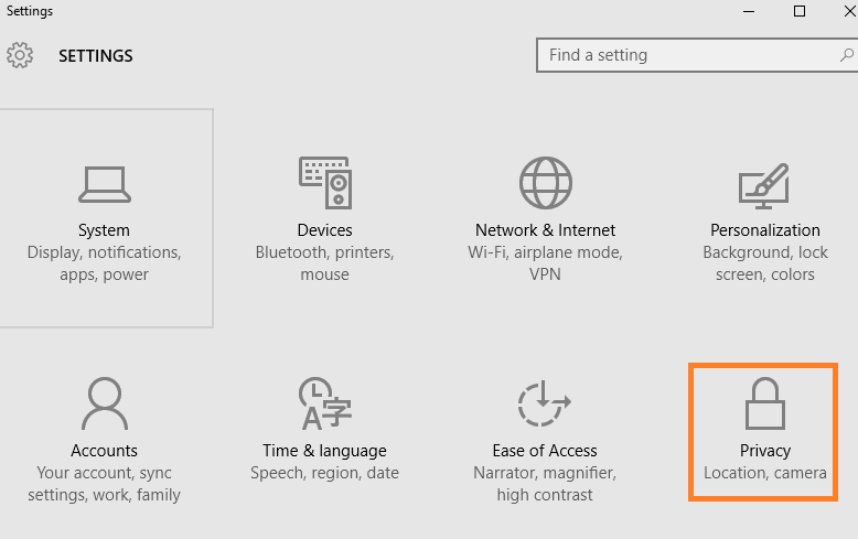 open Windows Privacy in windows 10