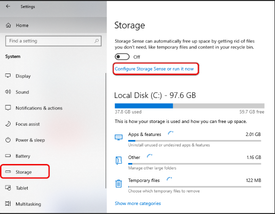 Open Configure storage sense or run it now in windows 10