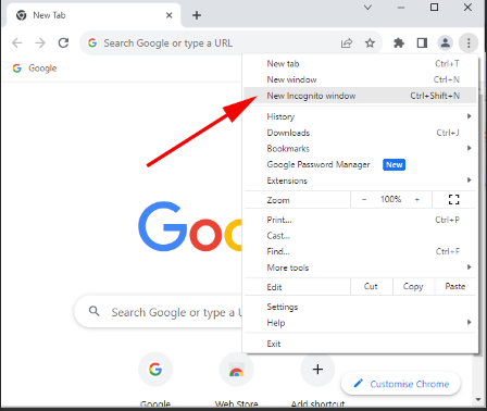 open Chrome Browser incognito mode