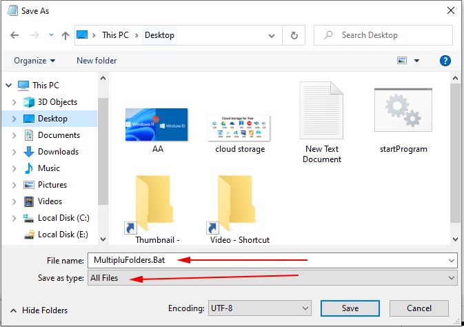save batc file in windows 10 
