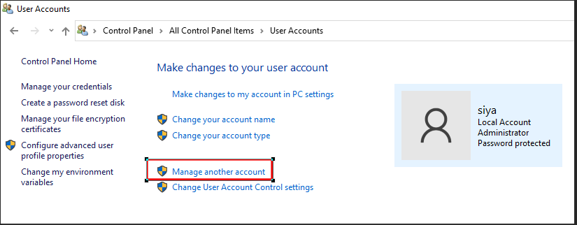 manage another Account in windows 10 