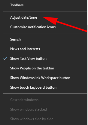 Adjust date/time on windows 10
