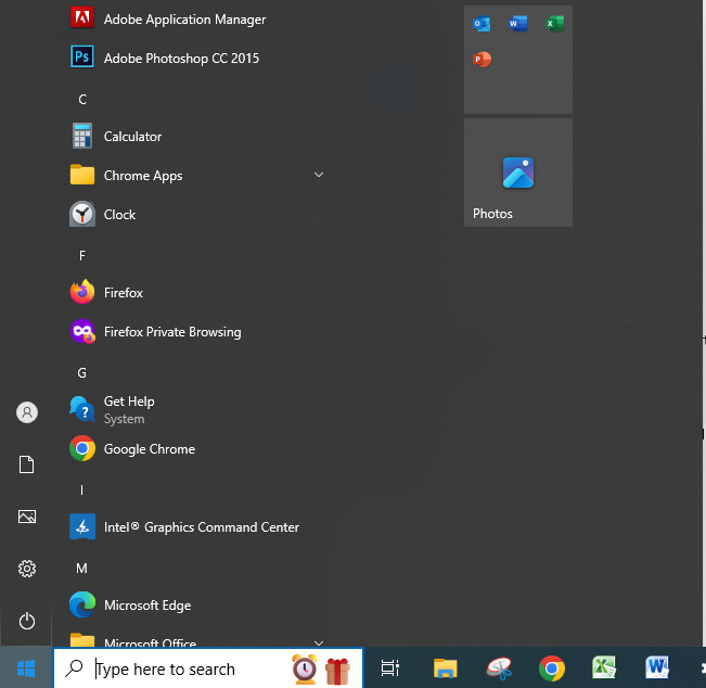 Windows 10 start Menu List