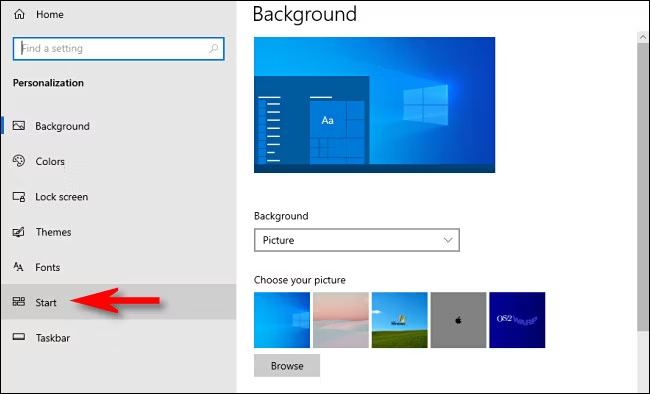 start menu in Personalization windows