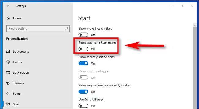 turn on of show app list in start menu in windows 10