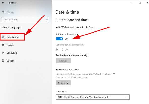 Date & Time in windows 10