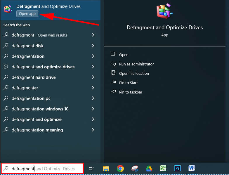 Search Defragment in windows 10