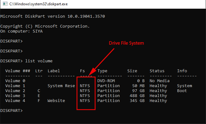 check file system in diskpart tool
